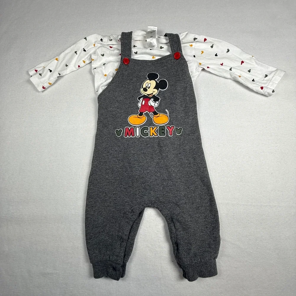Disney Baby Mickey Mouse‎ Outfit Set Bodysuit & Overalls Gray 18 Months